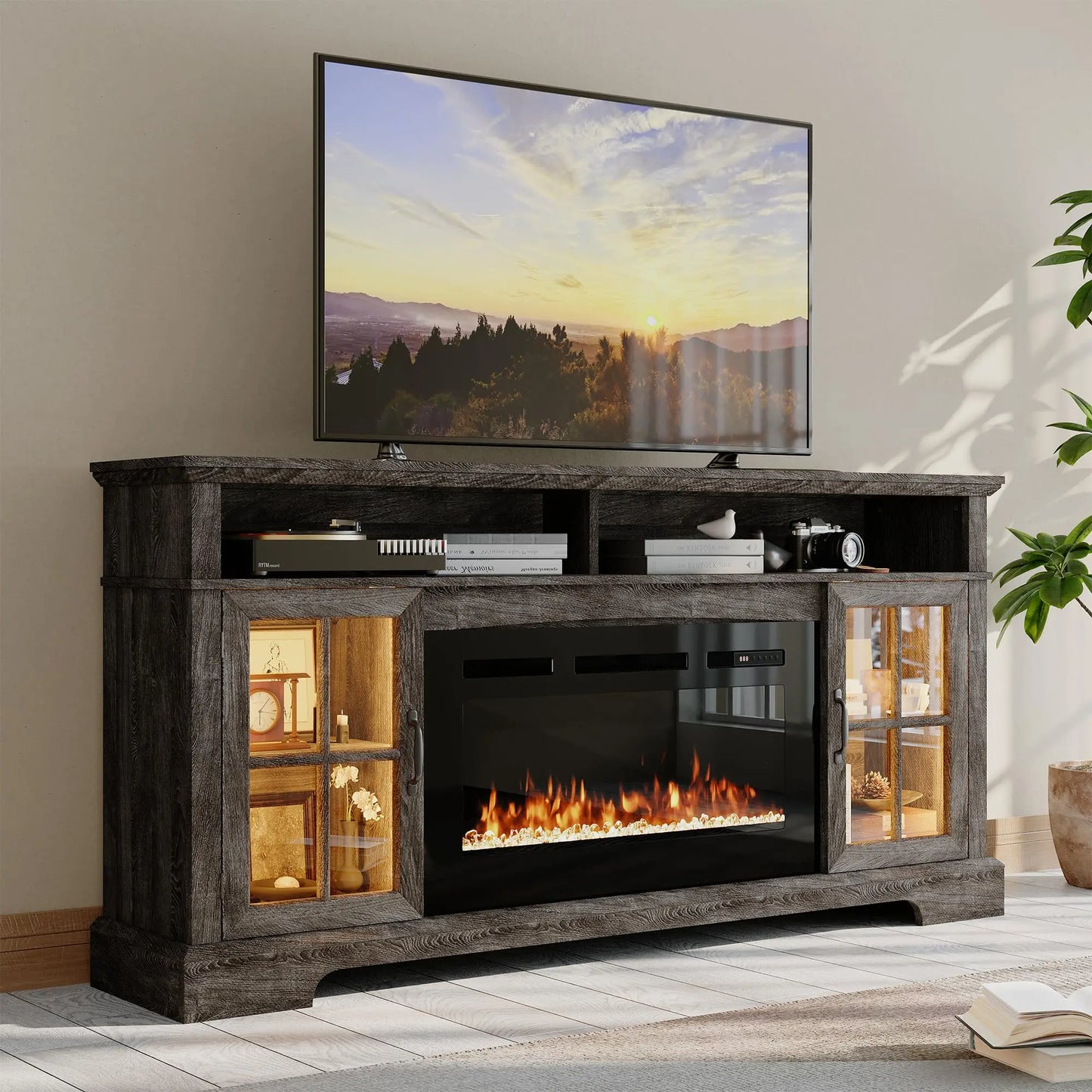 Farmhouse TV Stand With Electric Fireplace Media Console And Shelves