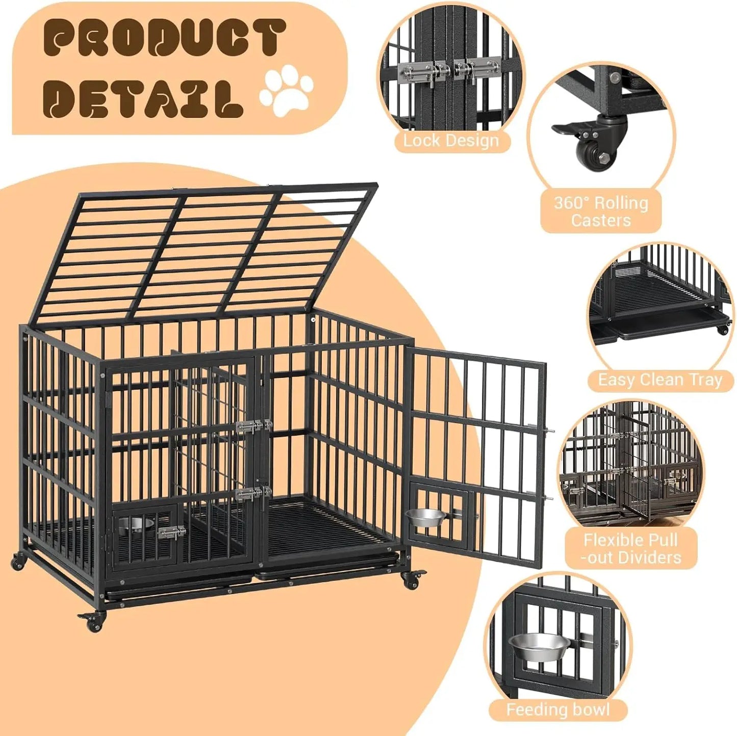 HiMISS Metal Dog Crate With Divider Removable Tray And Wheels