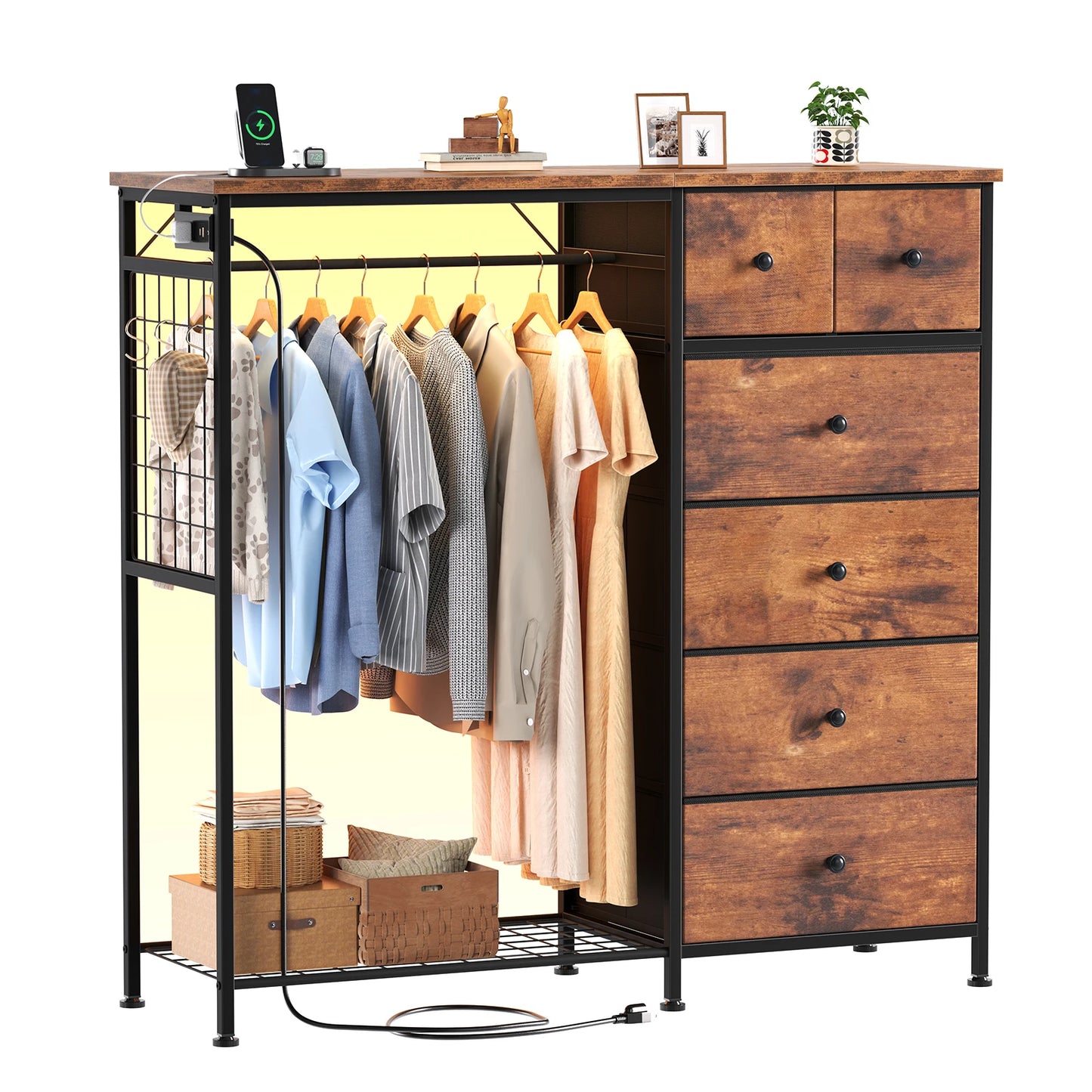 JHK Living Room Fabric Dresser With Hanging Rack And LED Lights