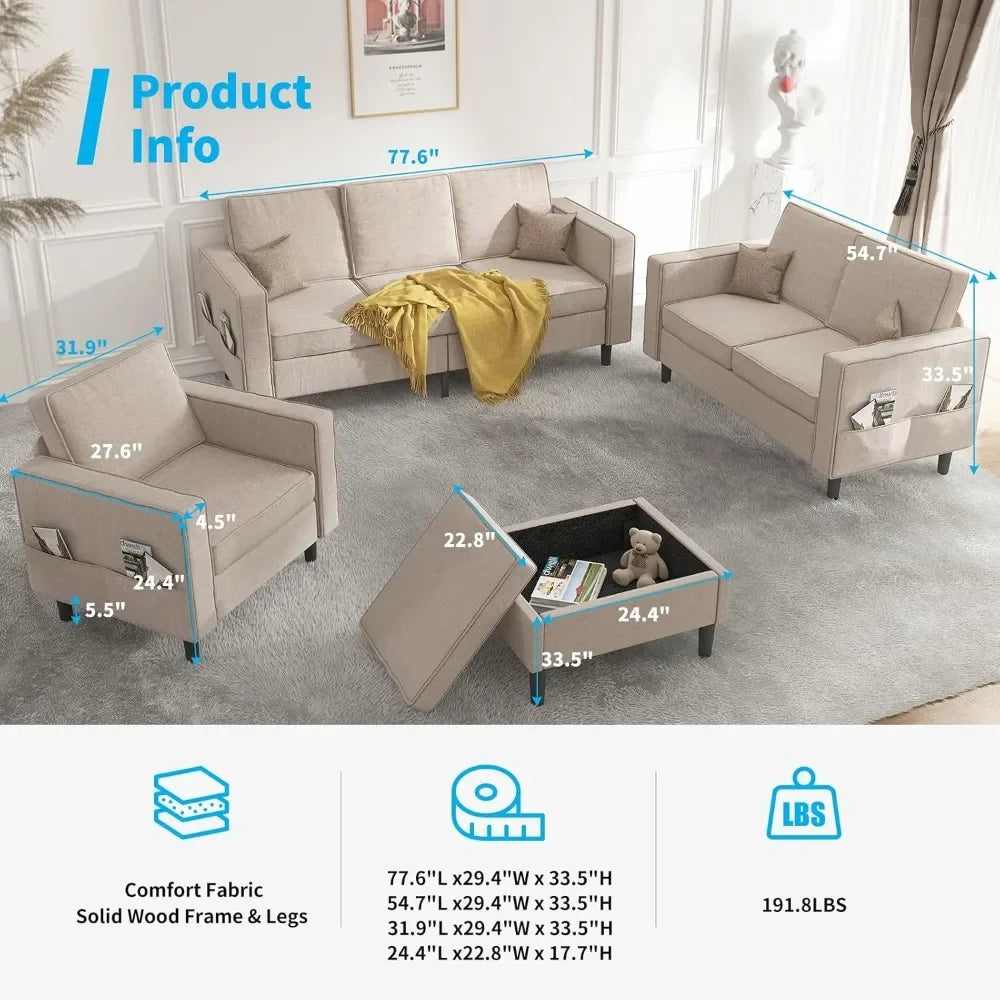 Sectional L Shaped Sofa Set 3Plus2Plus1Ottoman Living Room Furniture