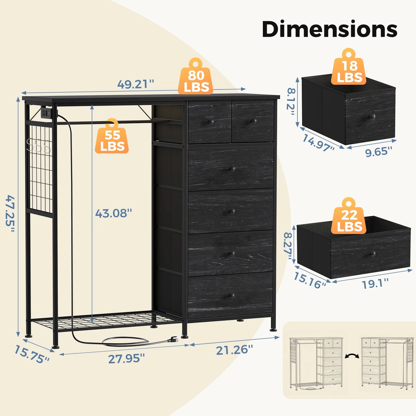 JHK Living Room Fabric Dresser With Hanging Rack And LED Lights