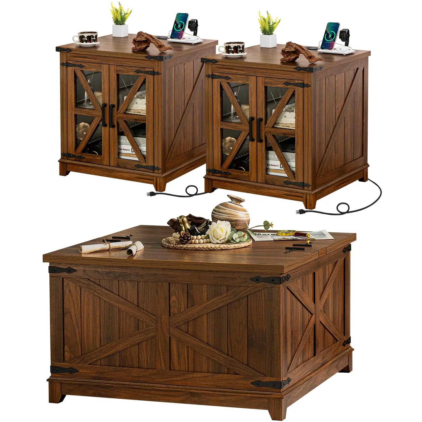 Farmhouse Wood Coffee Table Set 3 Pieces With Charging Station