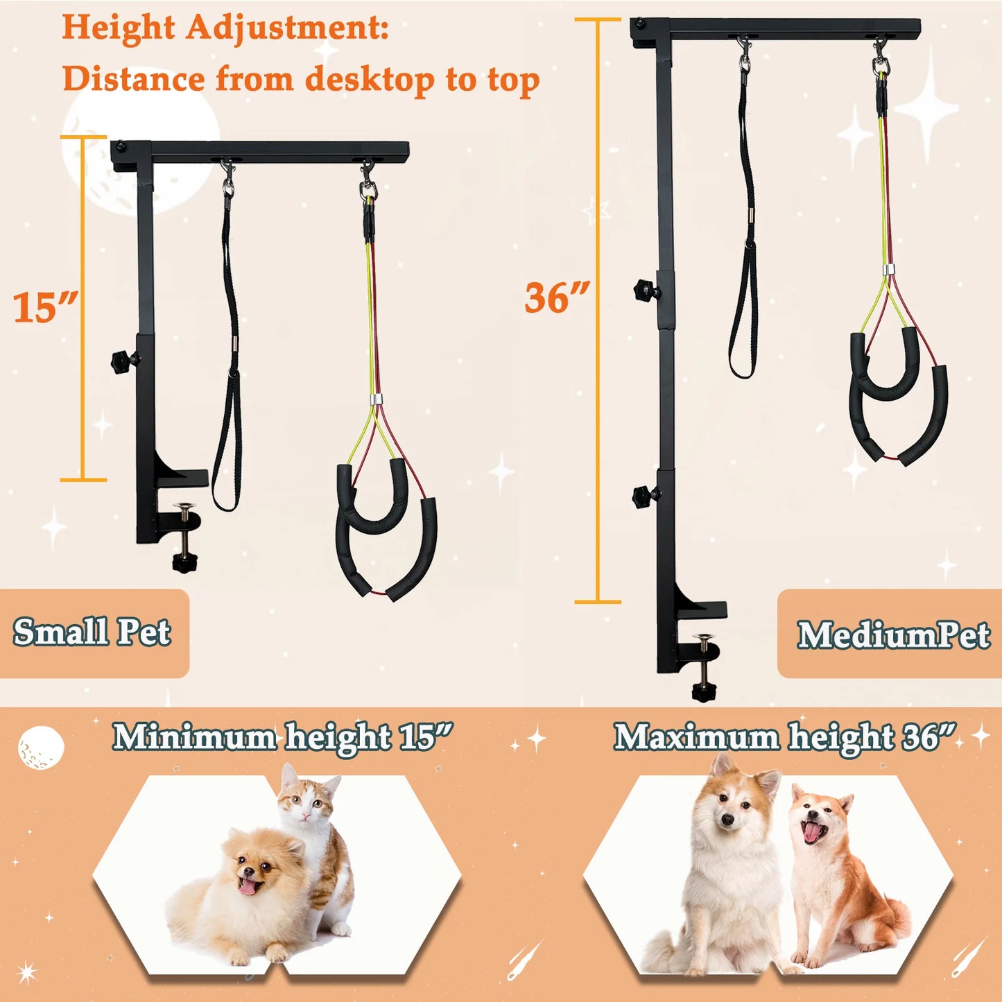 Adjustable Dog Grooming Arm With Clamp And Loops Three Section Haunch Holder