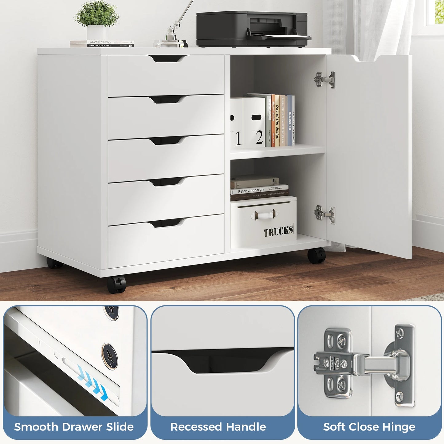 JHK Wood 5-Drawer Rolling File Cabinet With Shelves and Door