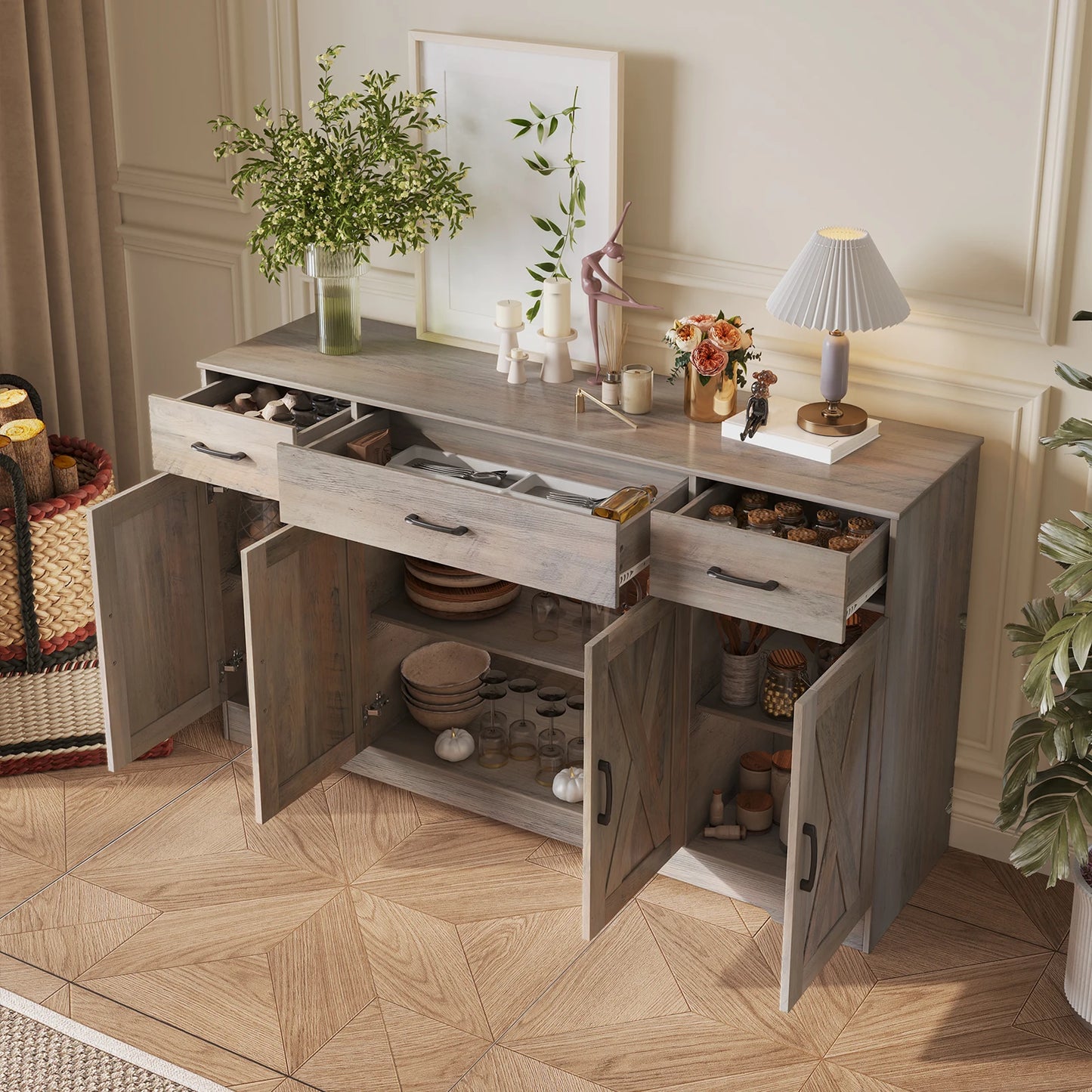 Huisenitre Farmhouse Buffet Cabinet With Coffee Bar Station