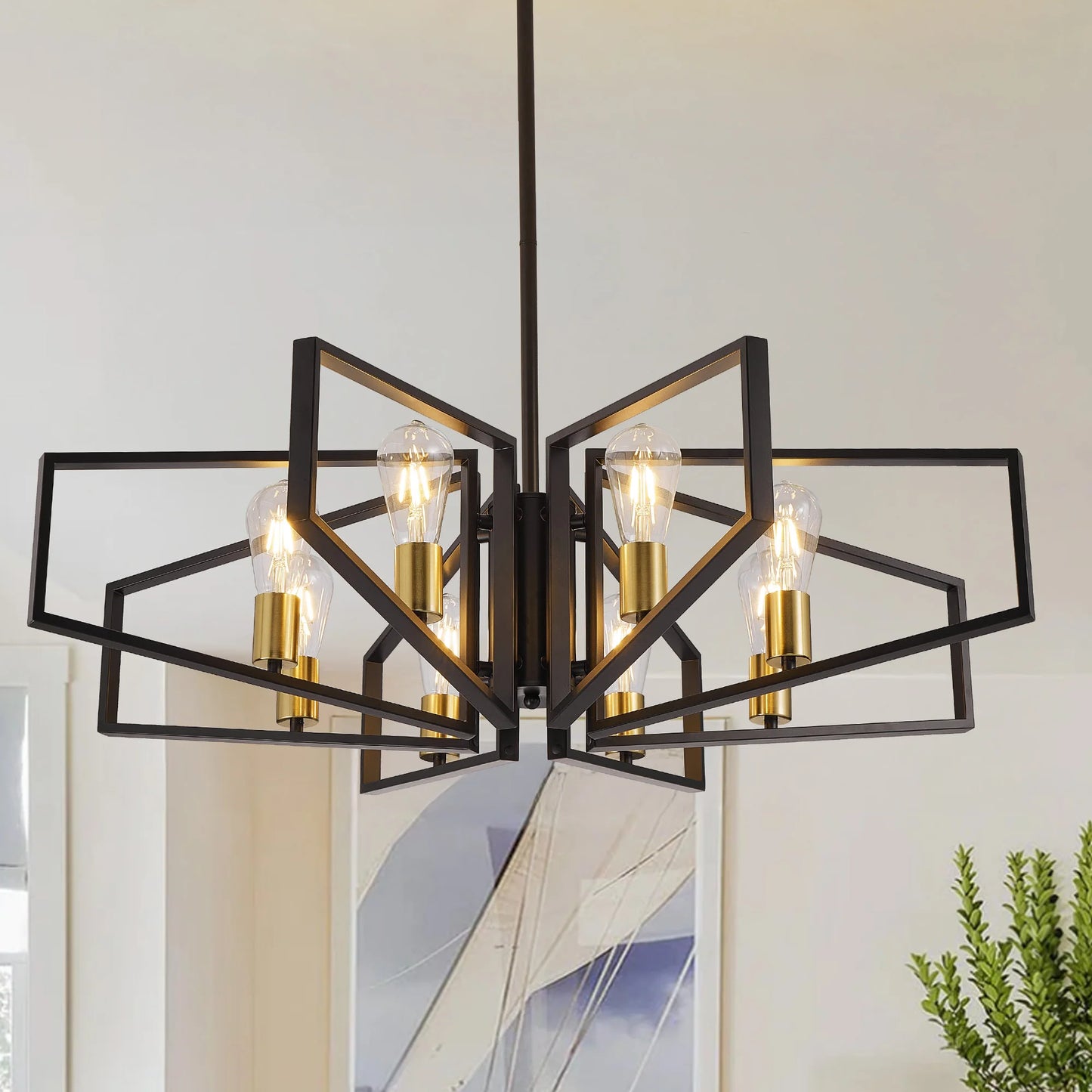 Modern 8-Light Geometric Chandelier With Adjustable Height Metal Pendant