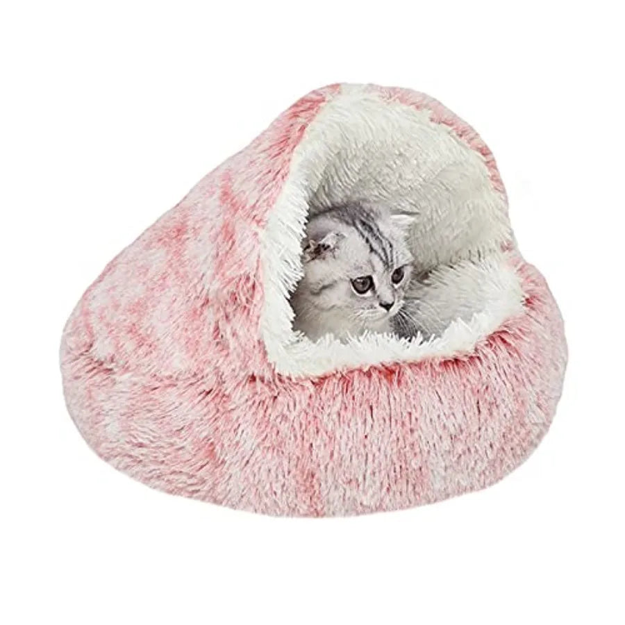 Hooded Cat Cave Bed For Small Pets, Plush Fur Nest