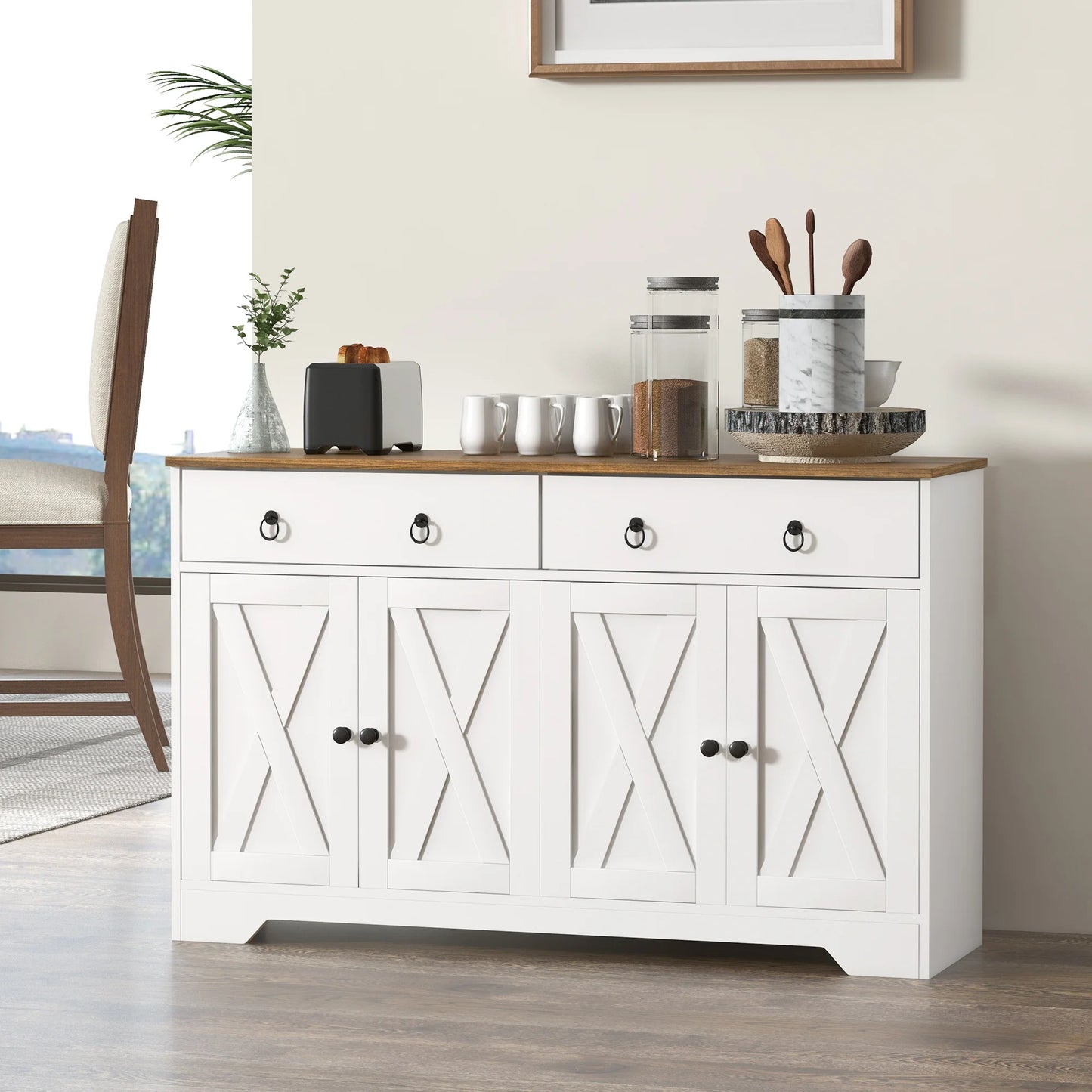 HOMCOM Kitchen Sideboard Buffet Cabinet Barn Doors Adjustable Shelf