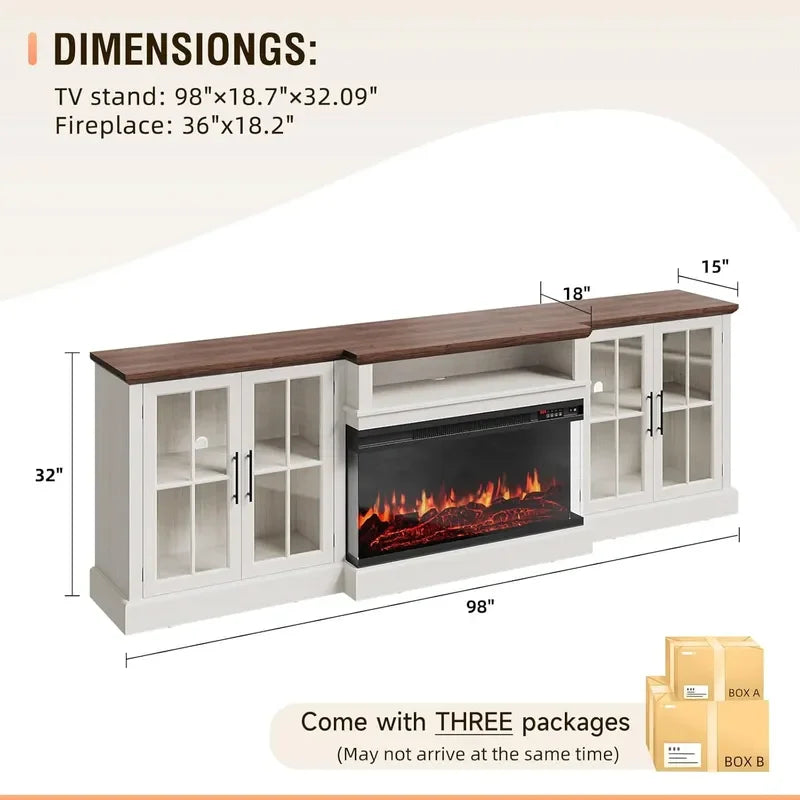 Farmhouse TV Stand With Electric Fireplace Media Console And Shelves