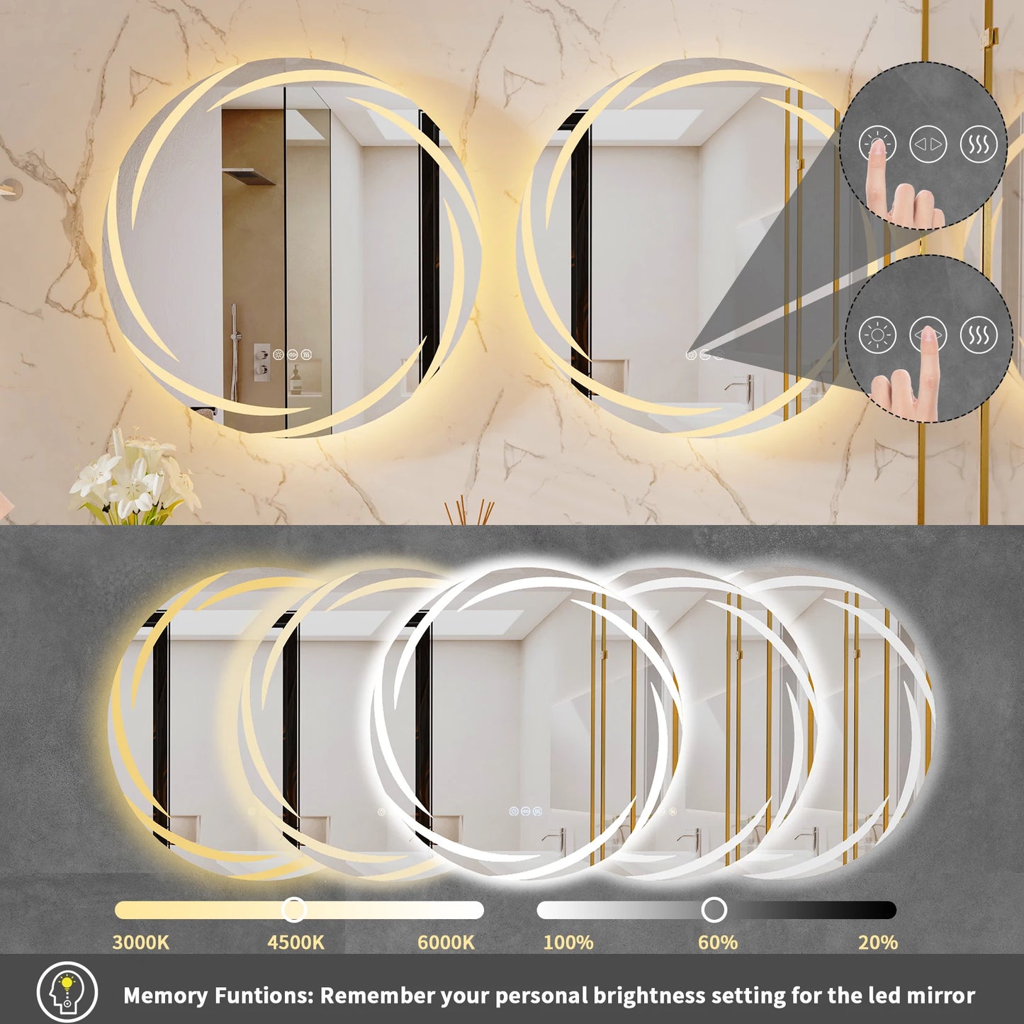 LED Anti-Fog Circular Bathroom Mirror With Backlit 3-Color Lights