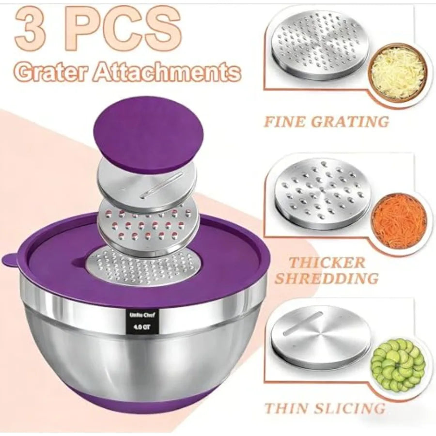 Heavy-Duty Stainless Steel Mixing Bowl Set With Lids And Grater