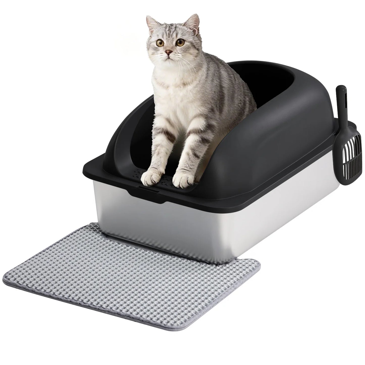 Stainless Steel Cat Litter Box With Lid For Large Cats Scoop Mat Included