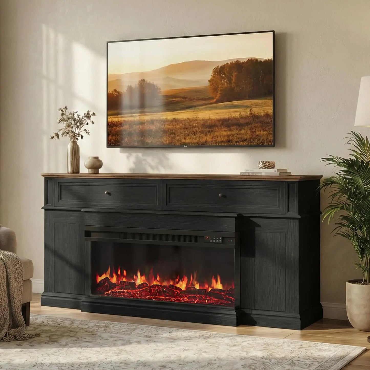 Farmhouse TV Stand With Electric Fireplace Media Console And Shelves