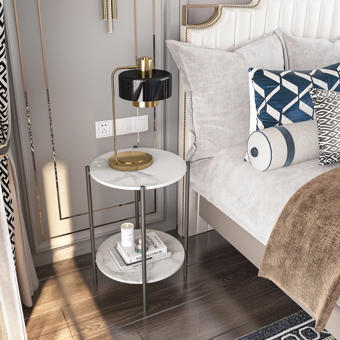 Wisfor Glossy Sintered Stone End Table With Black Metal Frame
