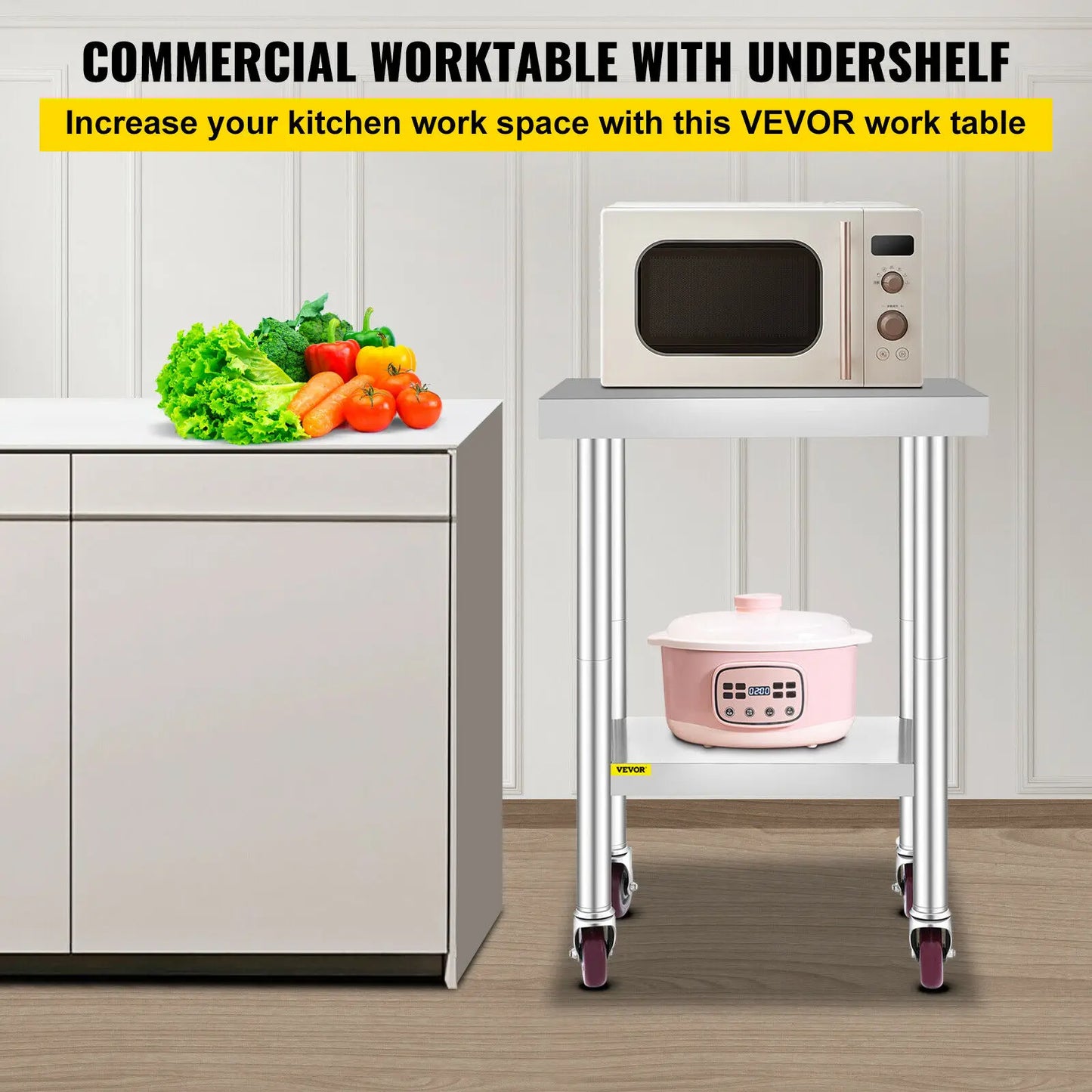 SucceBuy Stainless Steel Kitchen Work Table Adjustable Shelf Caster Wheels
