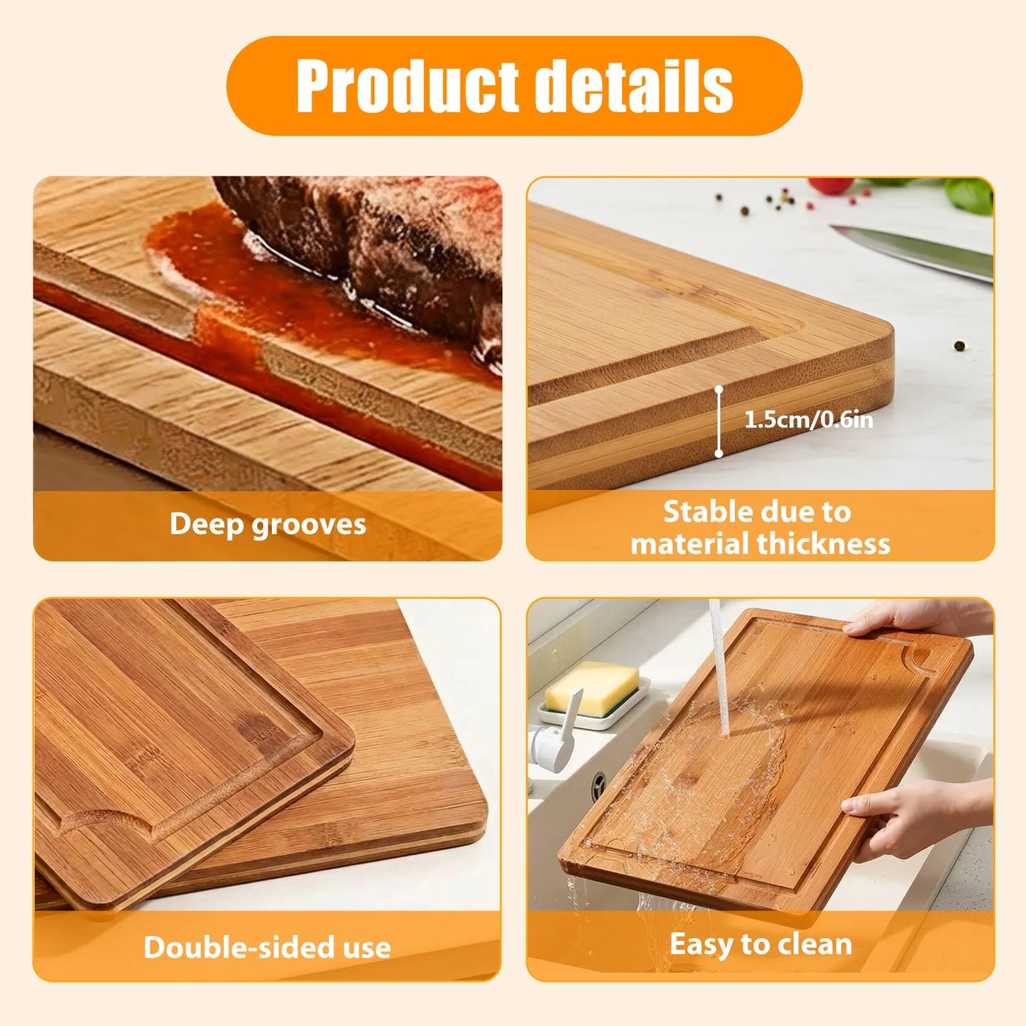 Bamboo Cutting Board Set With Juice Groove 3 Pack Heavy Duty Natural