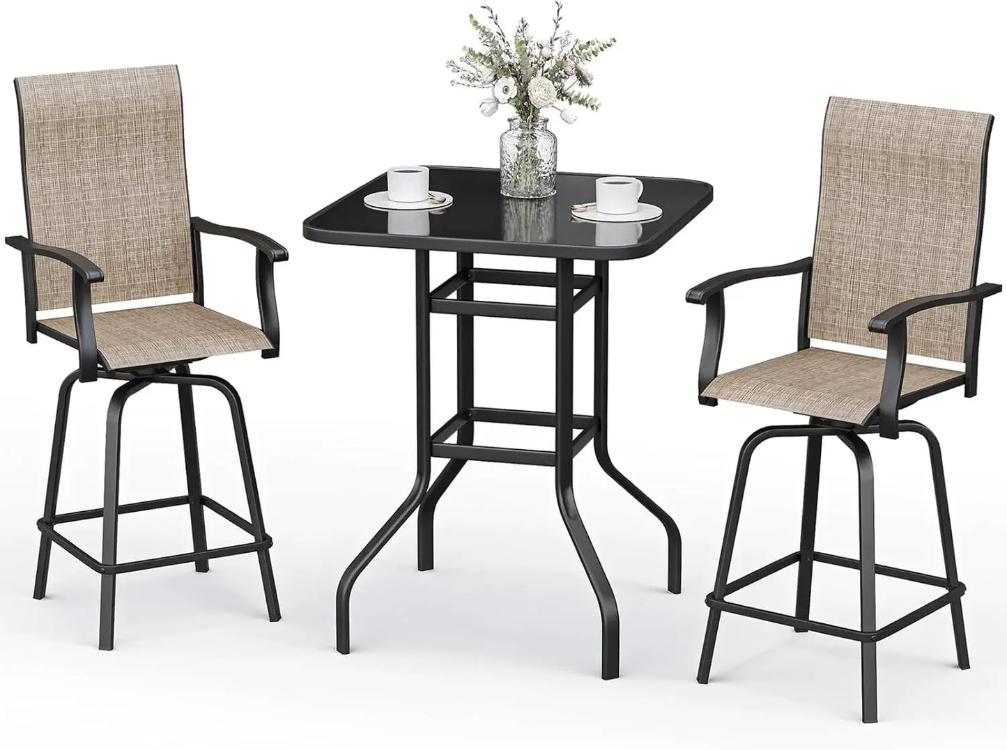3-Piece Textilene All-Weather Patio Bar Set With Swivel Stools And Glass Table
