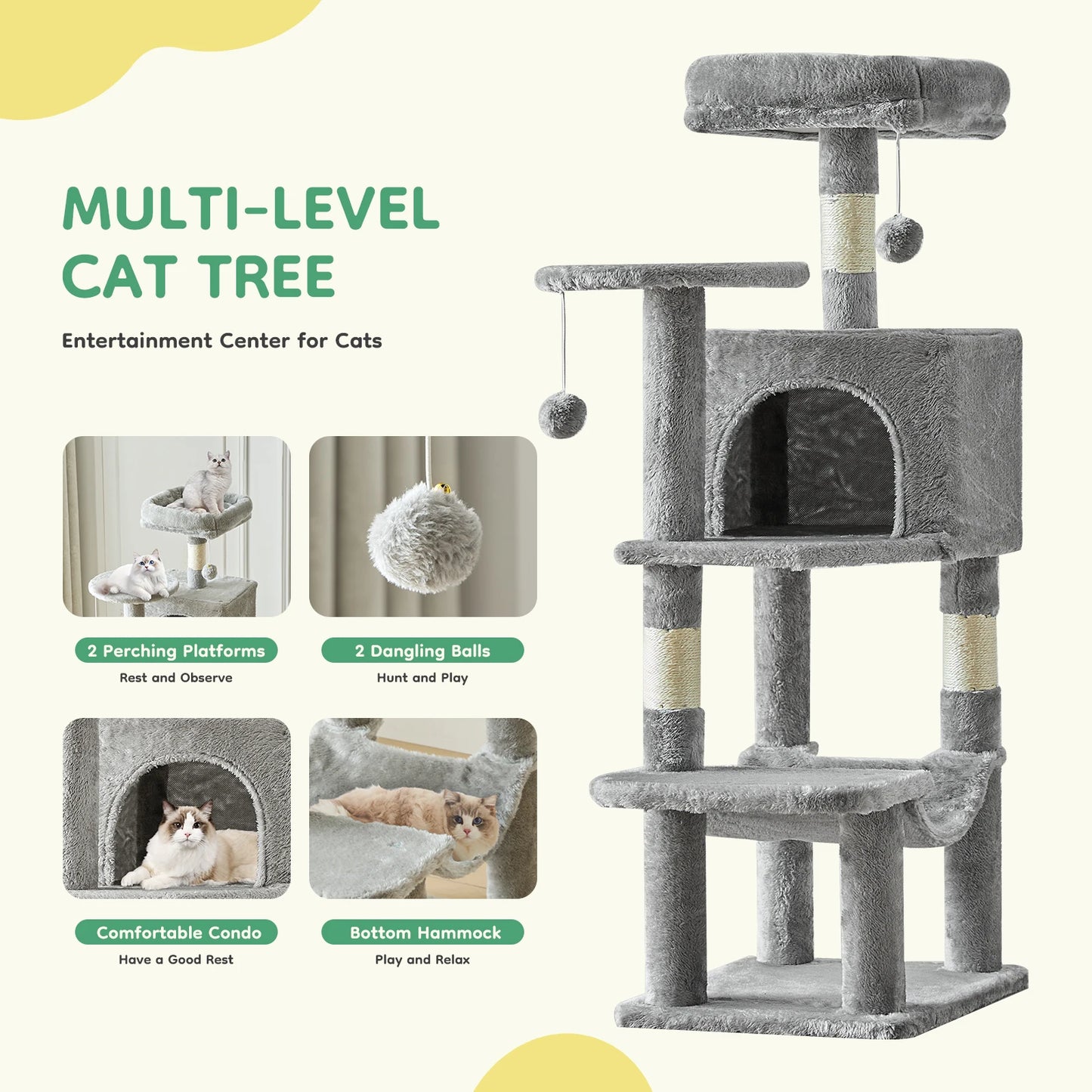 JHK Natural Sisal Multi Cat Indoor Cat Tree With House