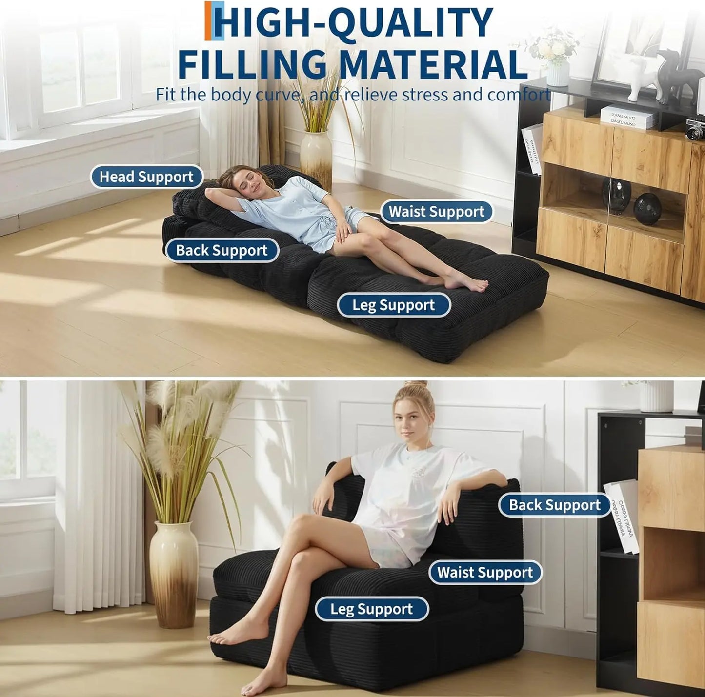 HiMISS 3-in-1 Folding Sofa Bed With Back Support Pillow