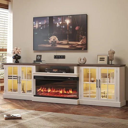 Farmhouse TV Stand With Electric Fireplace Media Console And Shelves