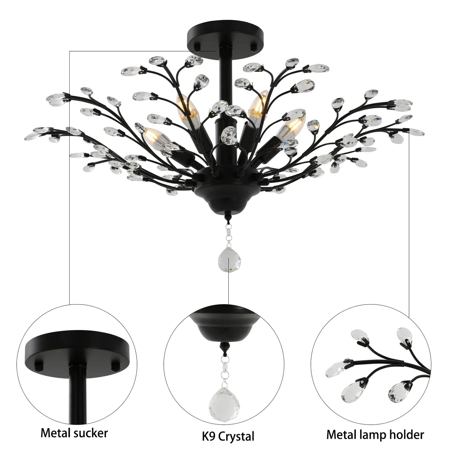 Bymaocar Modern Semi Flush Crystal Ceiling Light Fixture Five Lights