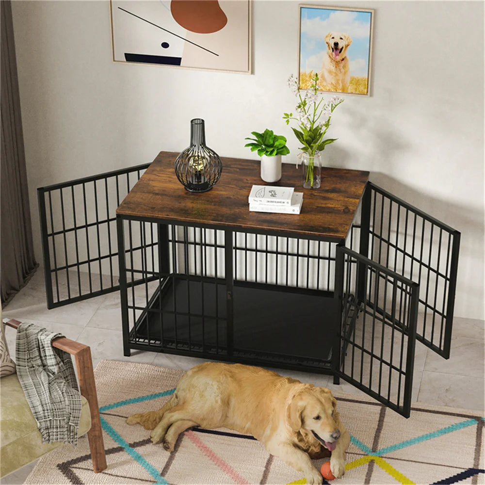 BORWART Wooden Dog Crate End Table With 3 Doors Tray