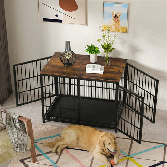 BORWART Wooden Dog Crate End Table With 3 Doors Tray