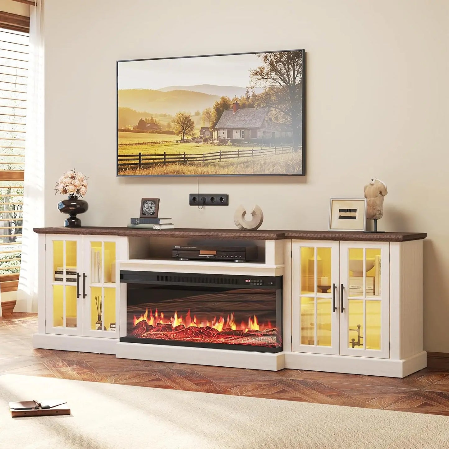 Farmhouse TV Stand With Electric Fireplace Media Console And Shelves