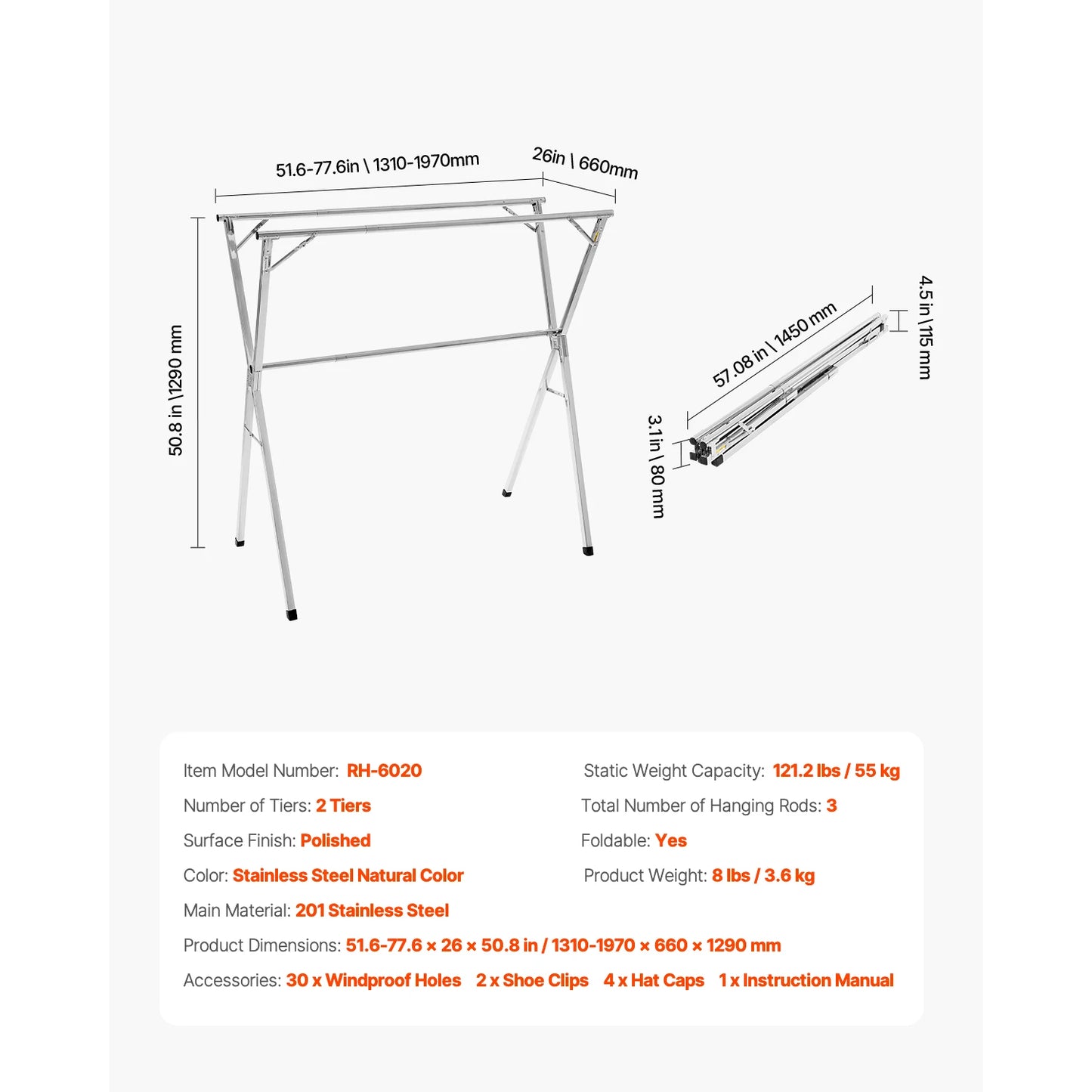 Foldable Iron Clothes Drying Rack With Sock Clips Indoor