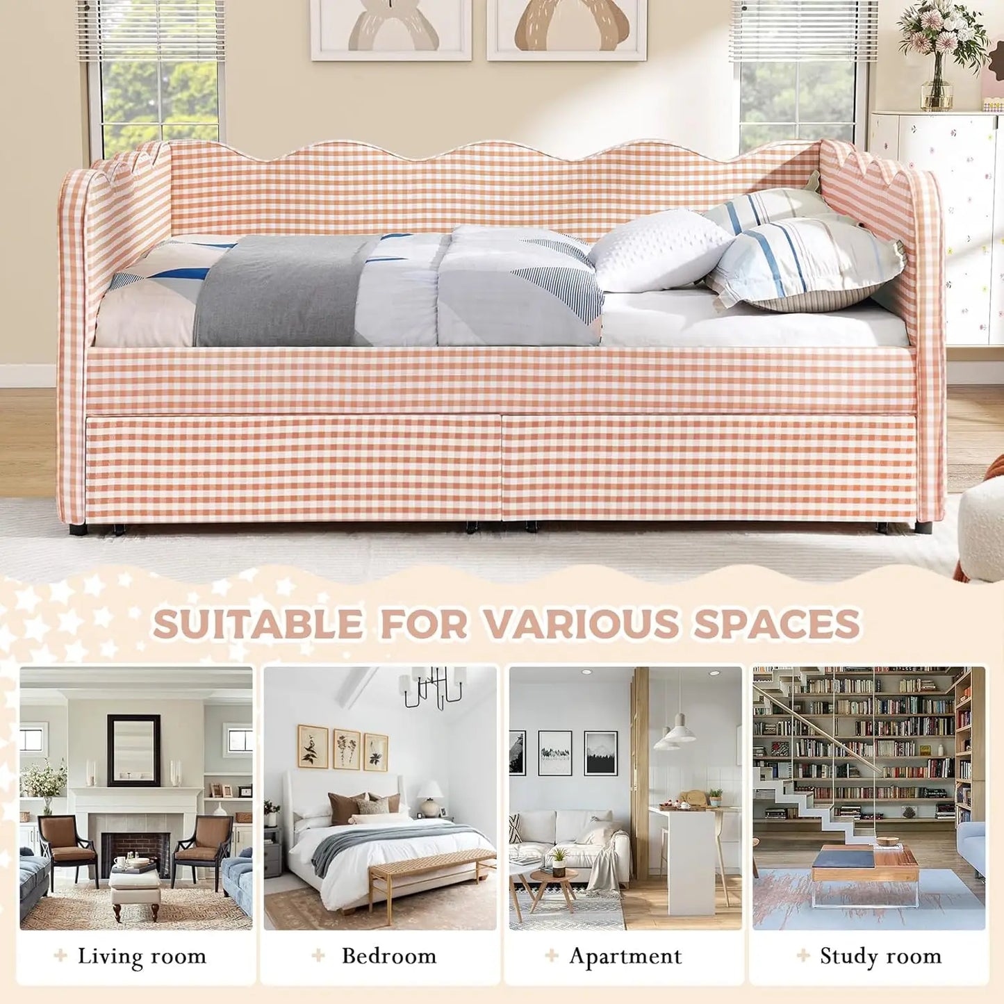 Wave Upholstered Storage Daybed Drawers USB Ports Modern Sofa Bed