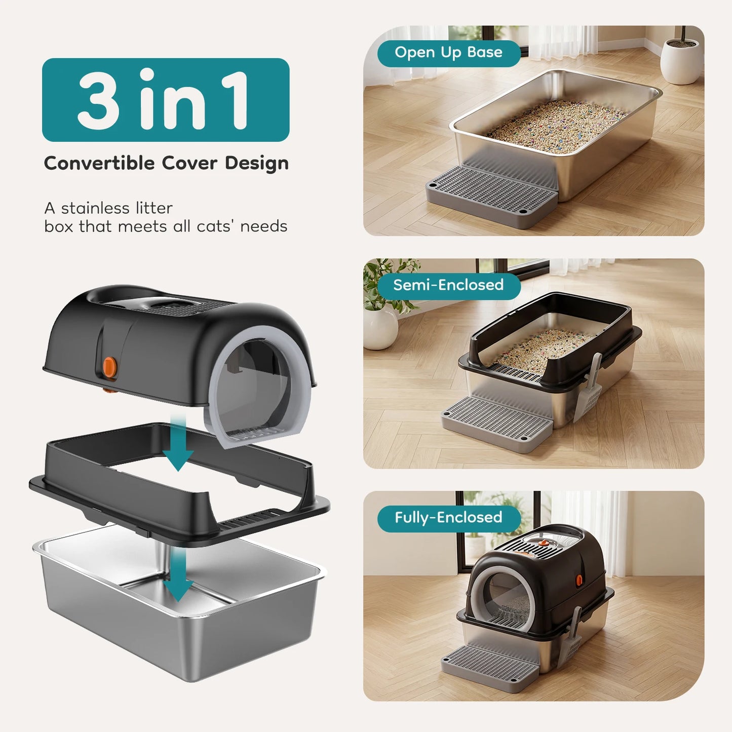 Stainless Steel Cat Litter Box Fully Enclosed With Scoop
