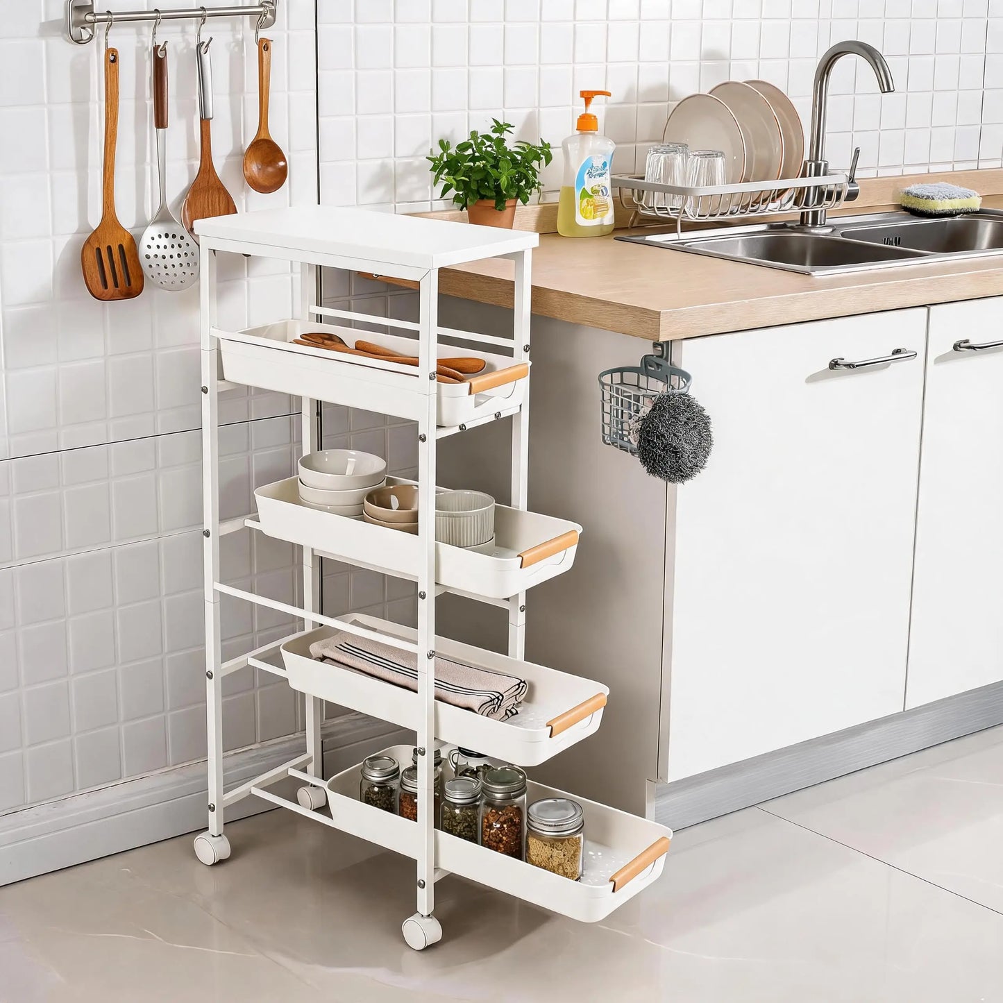 Studyset 5 Tier Rolling Kitchen Cart With Pullout Basket Wheels