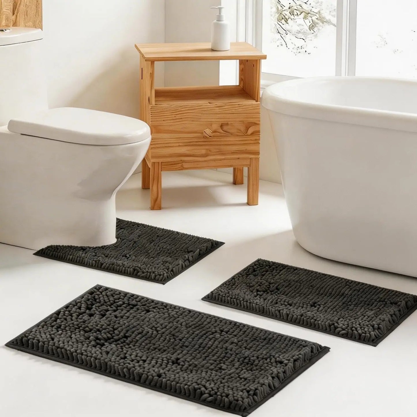 Chenille Bath Rug Set 3 Piece Non Slip Mats Backing