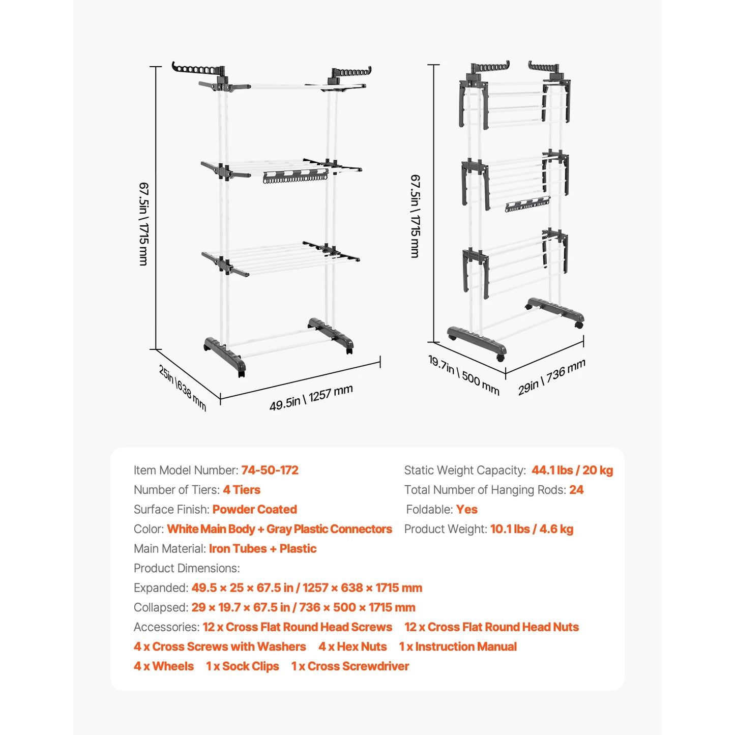 Foldable Iron Clothes Drying Rack With Sock Clips Indoor