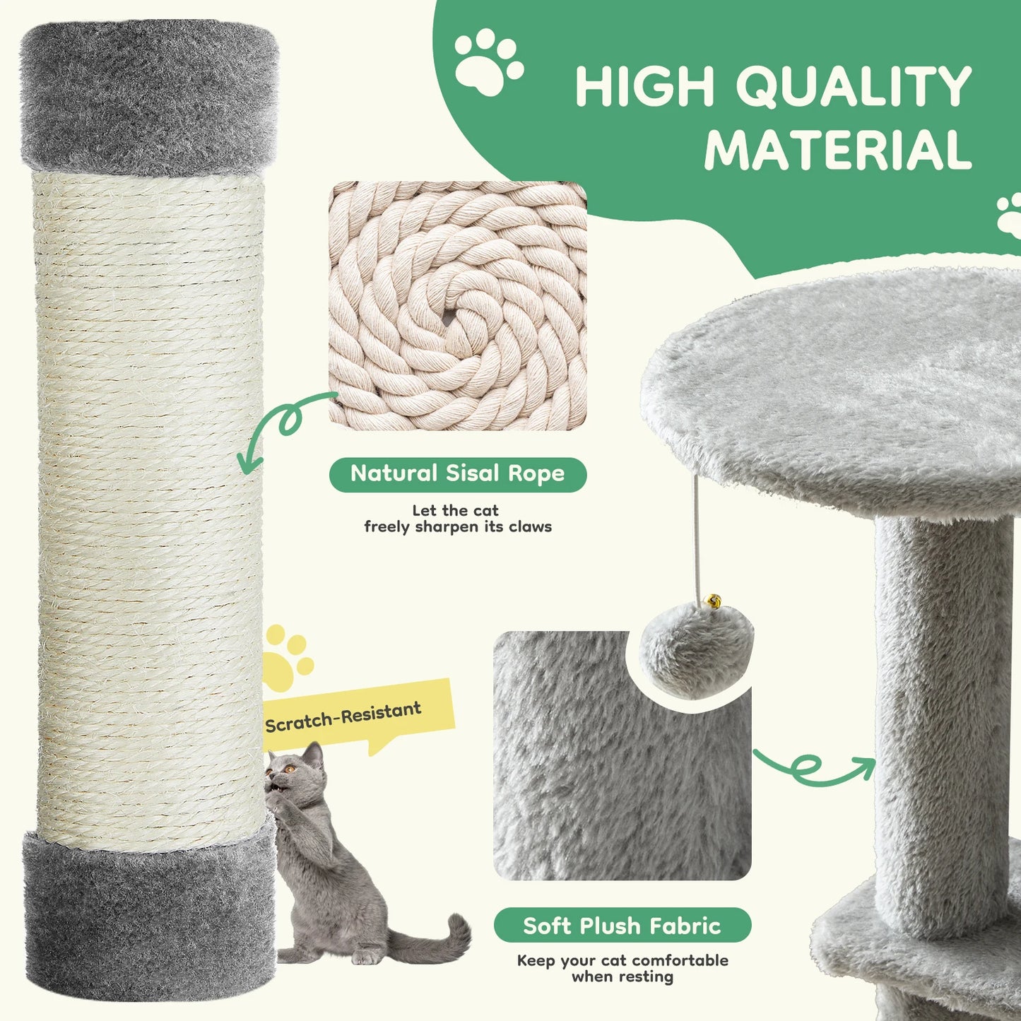JHK Natural Sisal Multi Cat Indoor Cat Tree With House