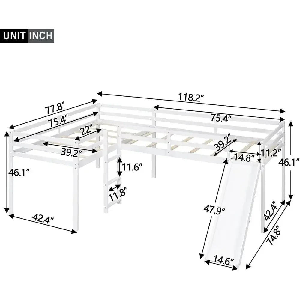 Wooden L Shaped Bed With Slide Ladder Guardrail For Family Use
