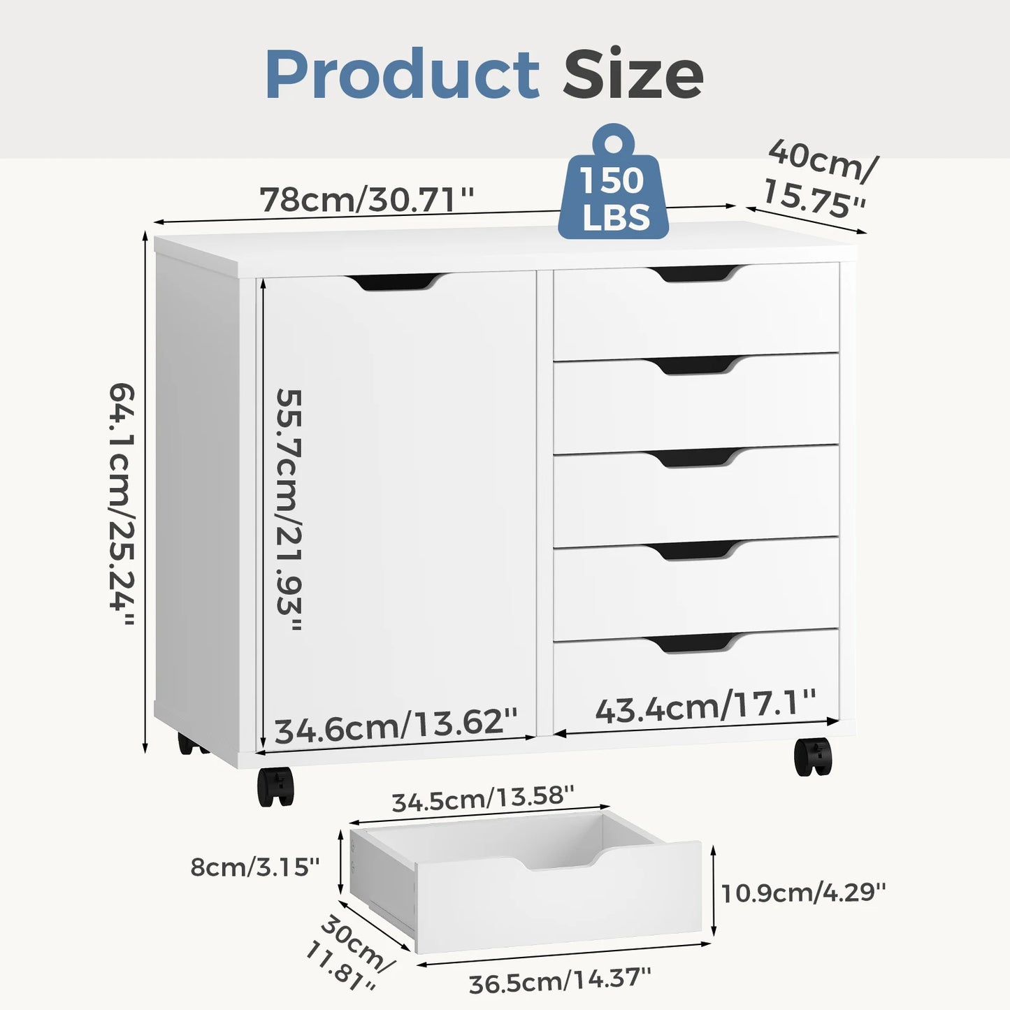 JHK Wood 5-Drawer Rolling File Cabinet With Shelves and Door