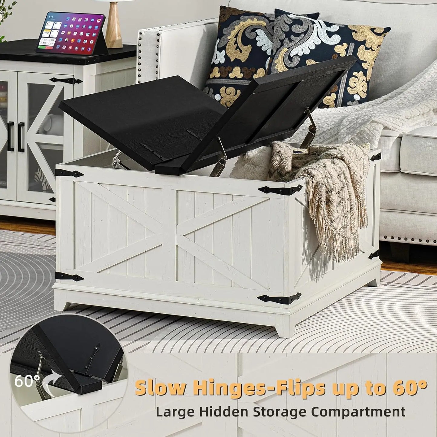 Farmhouse Wood Coffee Table Set 3 Pieces With Charging Station