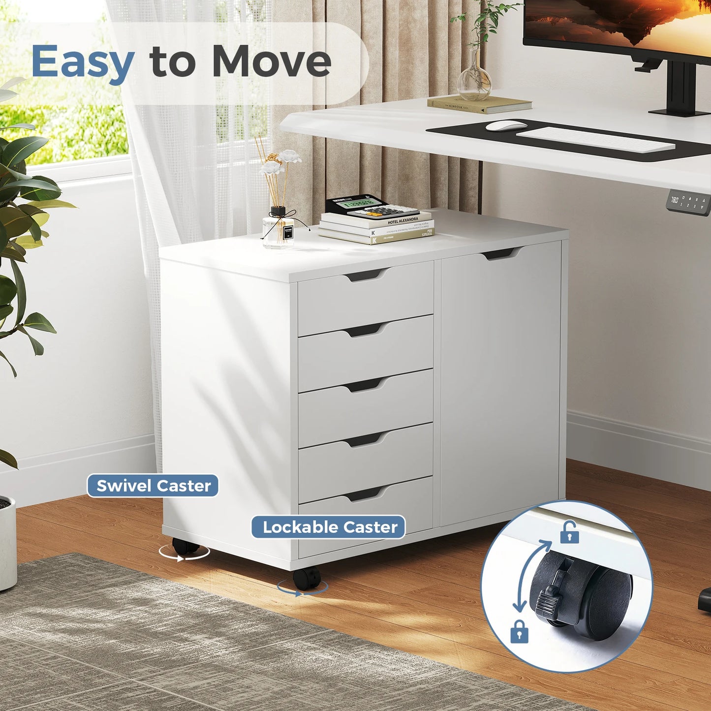 JHK Wood 5-Drawer Rolling File Cabinet With Shelves and Door