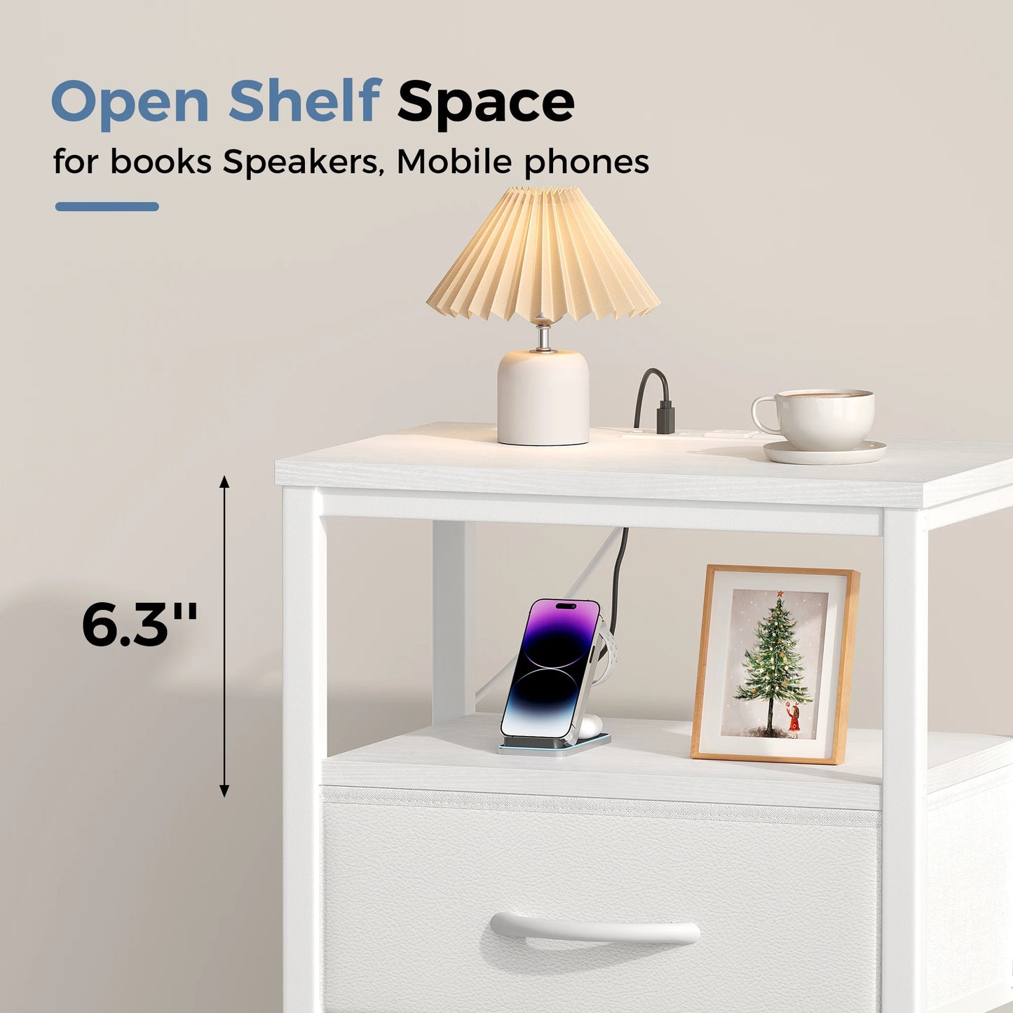 MCQ Nightstand With LED Light Strip Fabric Drawers Charging Station