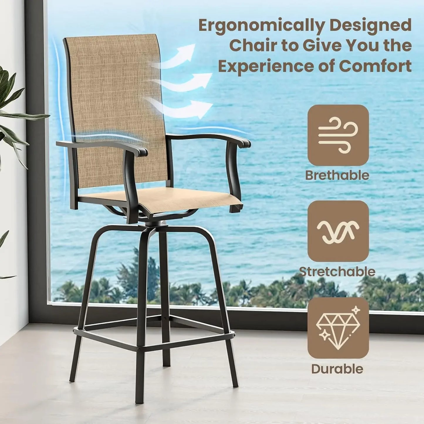 3-Piece Textilene All-Weather Patio Bar Set With Swivel Stools And Glass Table