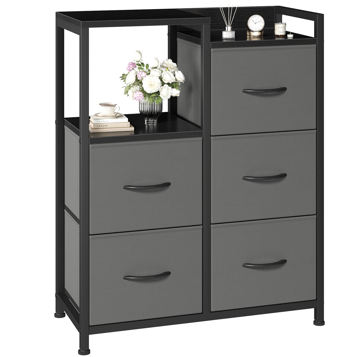 JHK 5 Fabric Drawer Chest With Raised Shelf Metal Frame