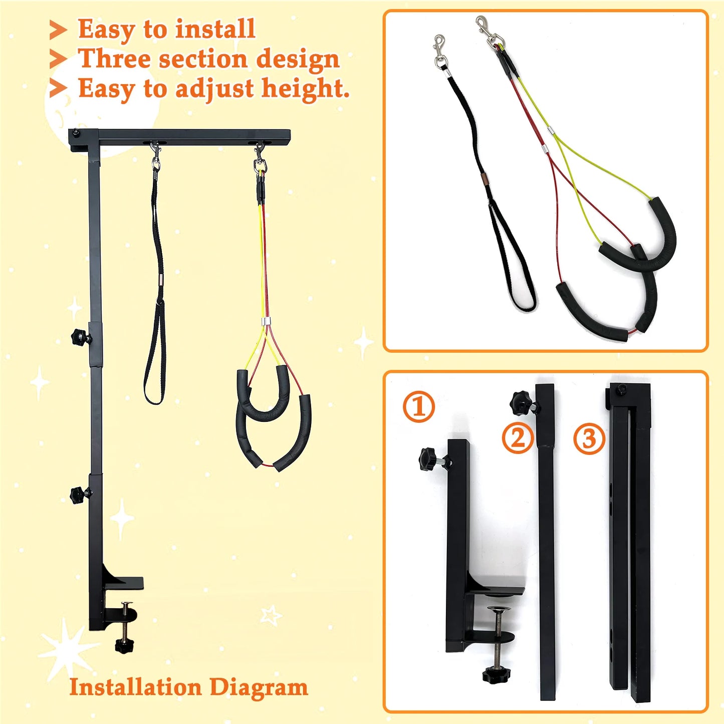 Adjustable Dog Grooming Arm With Clamp And Loops Three Section Haunch Holder