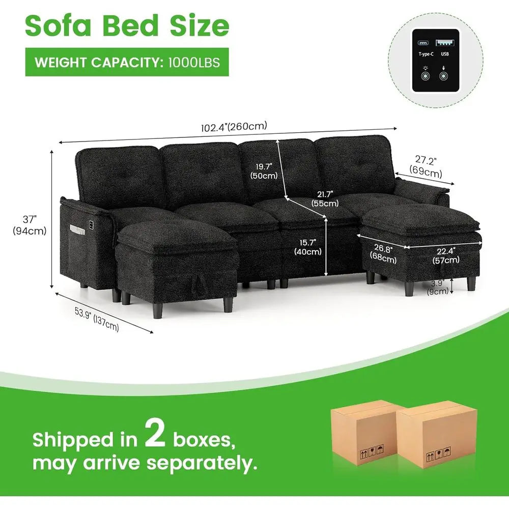LISM Sectional Couch With Charging Station And Storage Ottoman