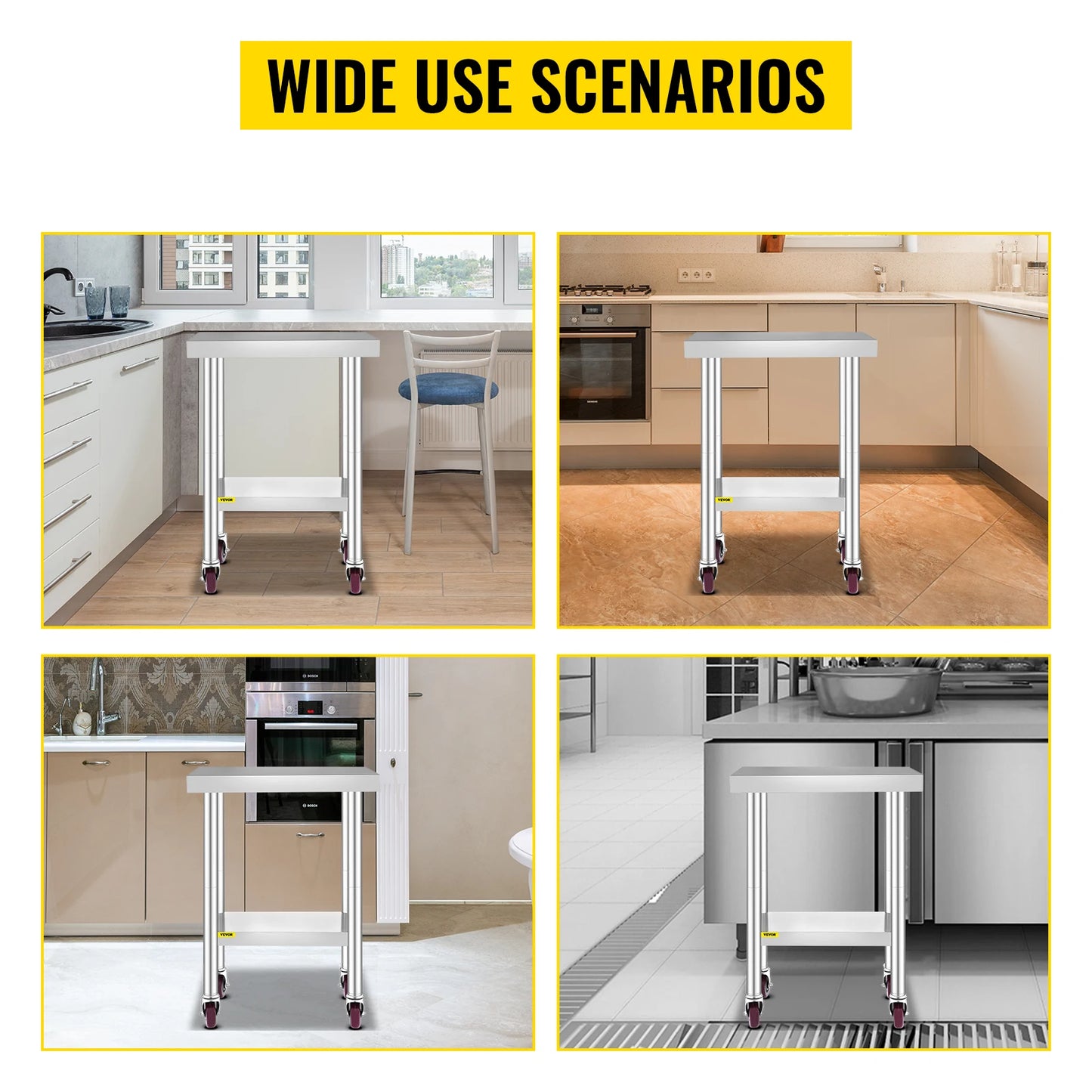 SucceBuy Stainless Steel Kitchen Work Table Adjustable Shelf Caster Wheels