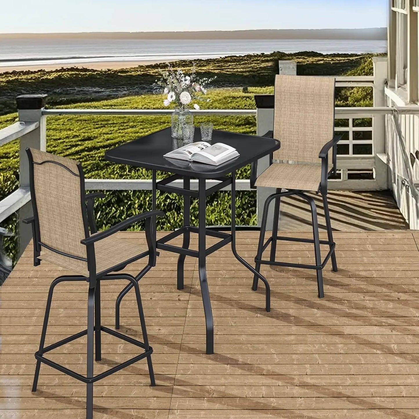 3-Piece Textilene All-Weather Patio Bar Set With Swivel Stools And Glass Table