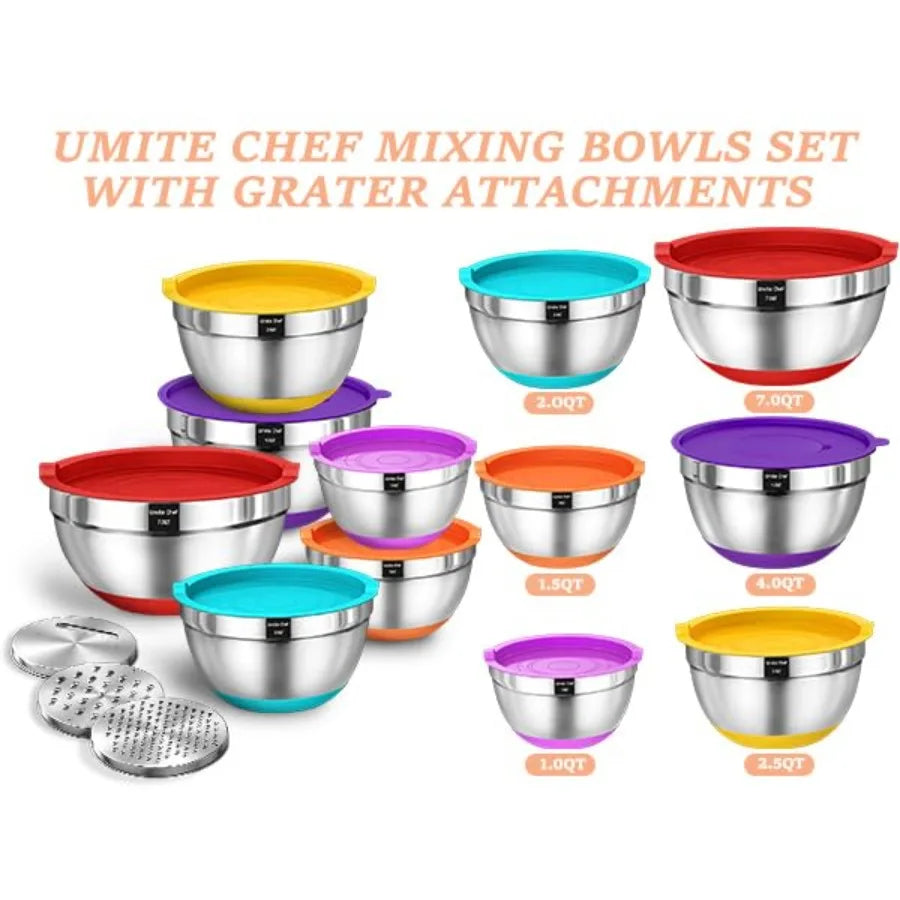 Heavy-Duty Stainless Steel Mixing Bowl Set With Lids And Grater