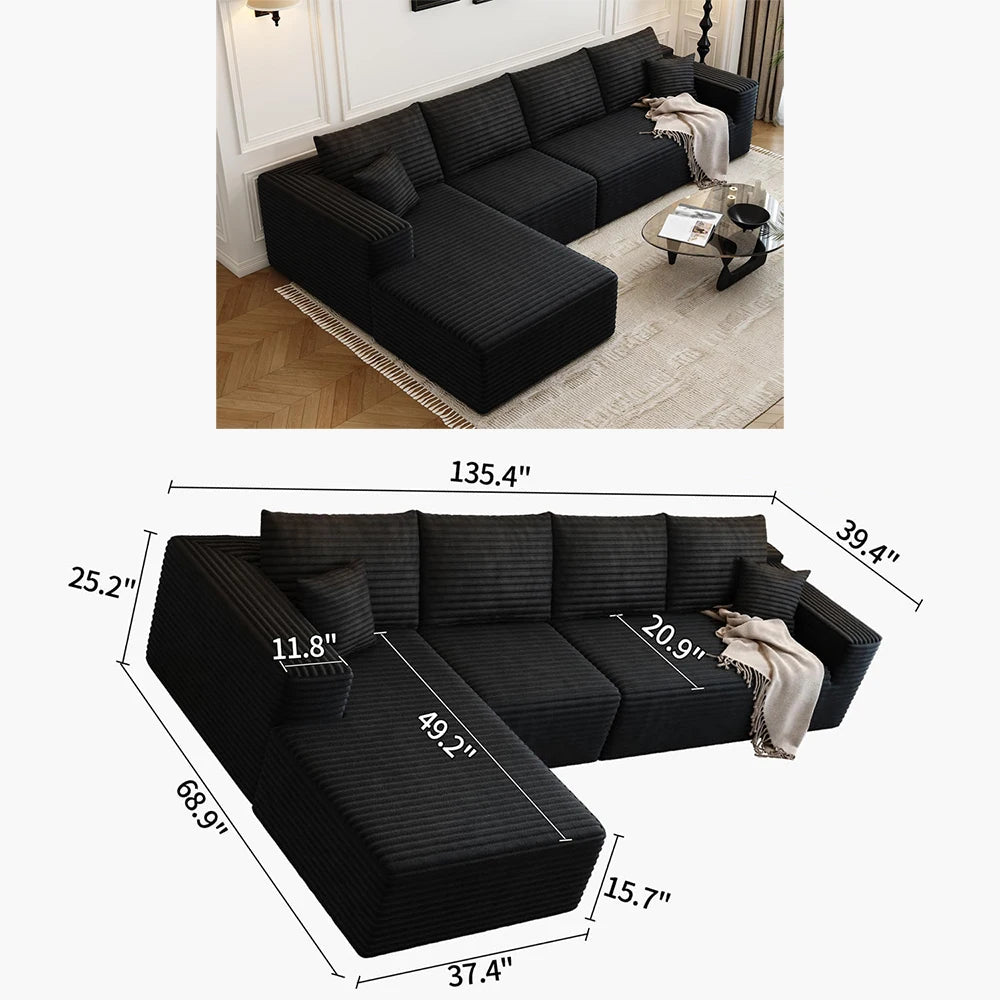 YQXH Cloud Style Corduroy Sectional Sofa With Memory Foam Cushions
