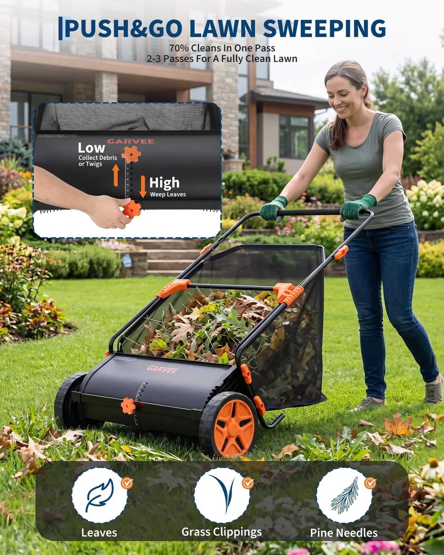 Studyset Heavy Duty Push Lawn Sweeper Mesh Bag Adjustable Height