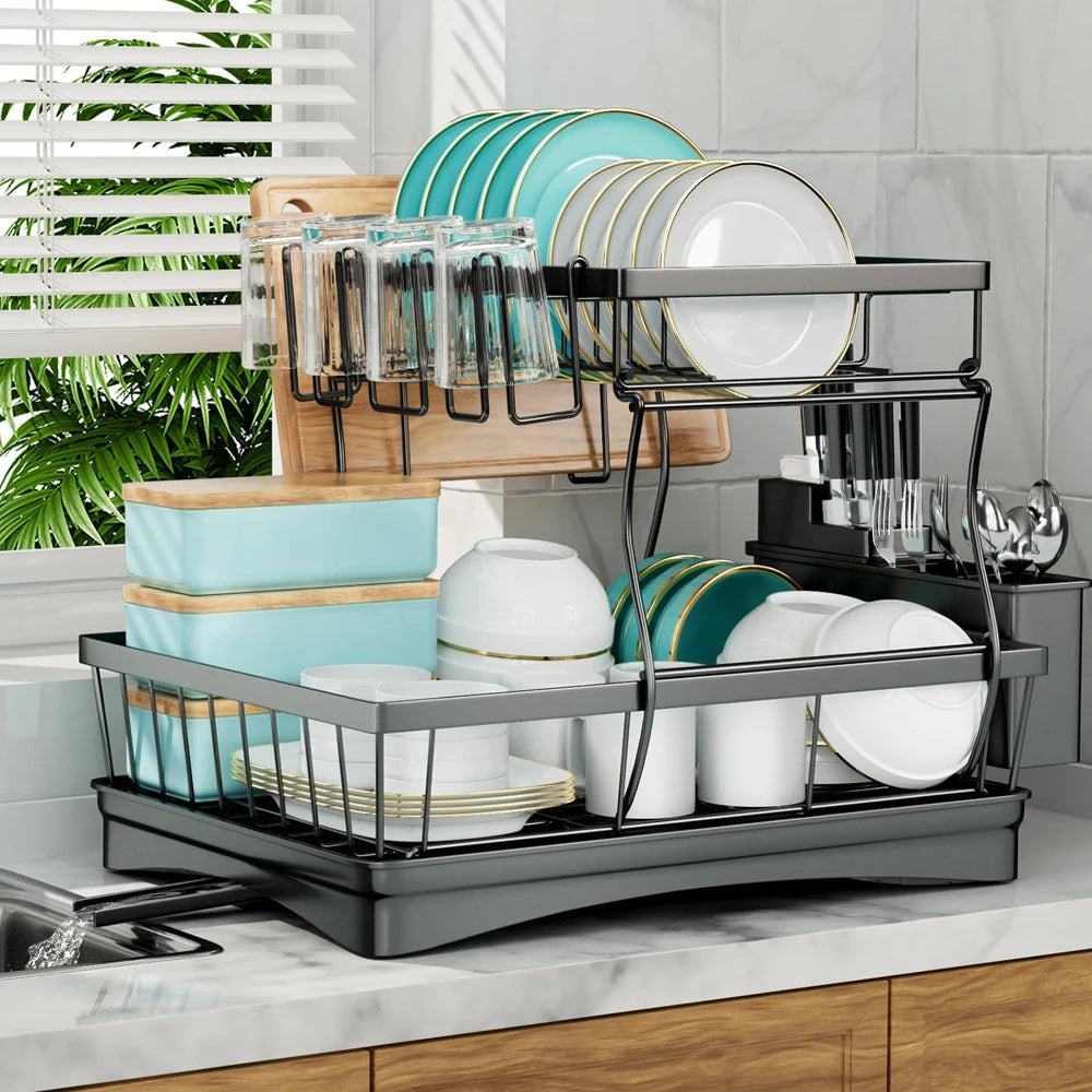 Two-Tier Dish Drying Rack for Kitchen Countertop, Large Capacity